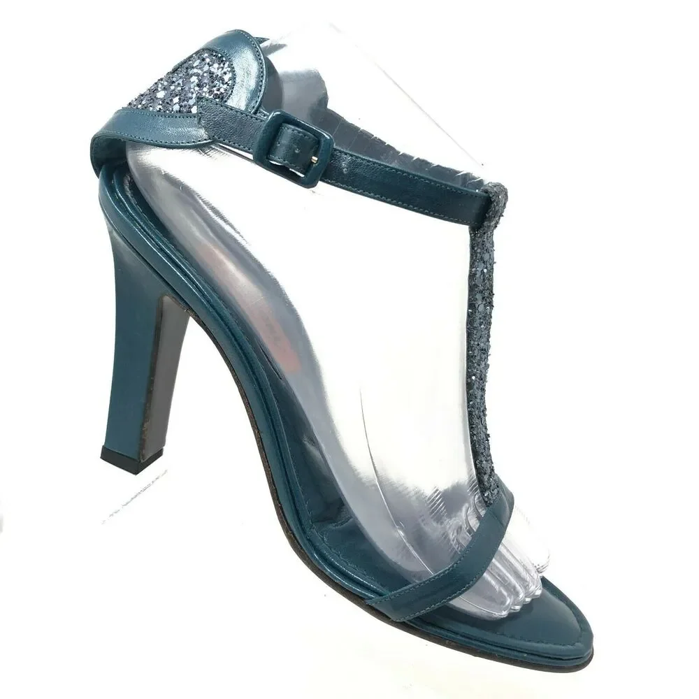 Missoni‎ Heels Women's 8.5 / 38.5 Glittler Heart Pump Teal Green Leather T-Strap